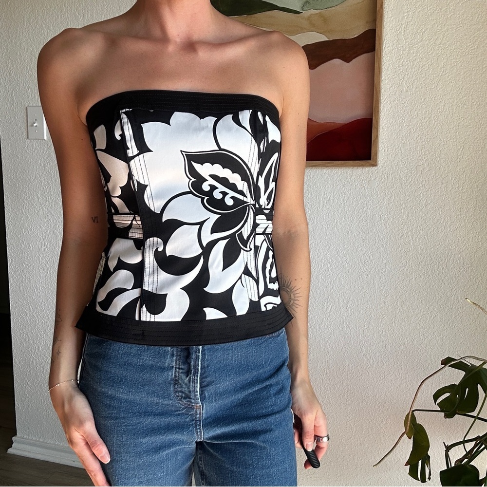 White House Black Market Black Floral Strapless Top w/ Attachable Straps - Sz 2